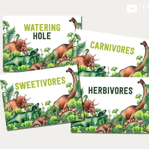 Dinosaur Buffet Signs, Dinosaur Party Decor, Carnivores, Sweetivores, Herbivores, Watering Hole, 5x7 inch | Instant Download 1703