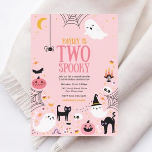 Two Spooky Invitation, Girl 2nd Birthday Invitation, Cute Halloween Birthday Party Invite, Printable Pink Ghost Invitation Template B420