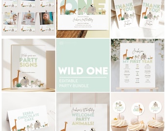 May include: Editable party printable bundle with a jungle animal theme. The bundle includes a welcome sign, a first year sign, thank you tags, cupcake toppers, and photo cards. The colours are green, brown, and yellow.