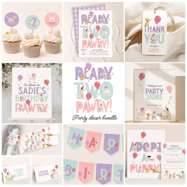 Dog 2nd Birthday Invitation Set, Printable Ready Two Party Invite Template, Puppy Party Decor Bundle, Girl 2nd Birthday Party Favors B969