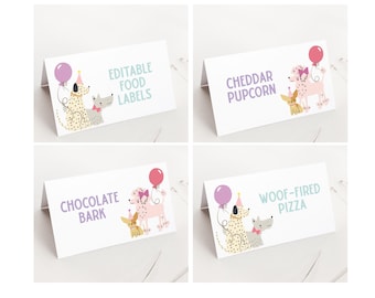 Puppy Birthday Food Tents, Printable Girl Birthday Party Food Label Template, Dog Birthday Place Cards, Editable Buffet Labels B969