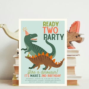 Dinosaurier 2. Geburtstagseinladungsvorlage, bereit für zwei Partys wie ein Dinosaurier bearbeitbare Einladung, Dino Boy zweiter Geburtstag Evite T-Rex B347