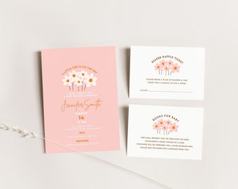 Minimalist Daisy Baby Shower Invitation Set, Pink Baby Shower Invitation and Diaper Raffle Ticket, Invite with Books for Baby Card B510