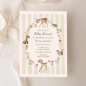 Woodland baby shower uitnodiging, handgeschreven baby shower uitnodiging, genderneutraal baby shower uitnodiging sjabloon, baby strooi Evite C072