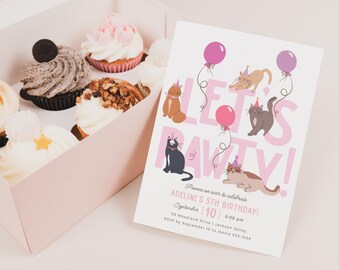 Pink Cat Birthday Invitation, Let's Pawty Kitten Birthday Party Invite or Evite Template,B955