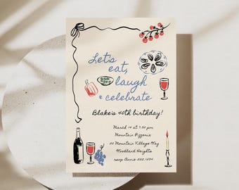 Dinner Party Birthday Invitation, Hand Drawn 40th Birthday InviteTemplate B827