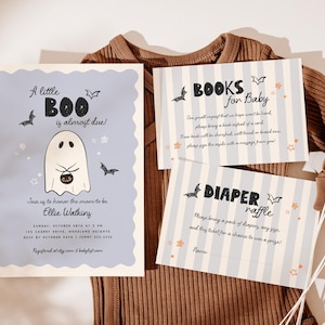 Suite d'invitations pour baby shower d'Halloween, invitation effrayante de baby shower, carte de livres, billet de tombola de couches, A little Boo is Almost Due Evite C018