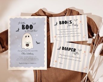 Halloween Baby Shower Invitation Suite, Spooky Baby Shower Invite, Books Card, Diaper Raffle Ticket, A little Boo is Almost Due Evite C018