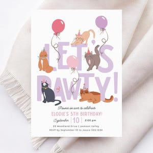 May include: Purple and white birthday party invitation with the text "Let's Pawty!" and illustrations of cats wearing party hats. The invitation includes the text "Pounce on over to celebrate Elodie's 5th Birthday!" with the date and time of the party.