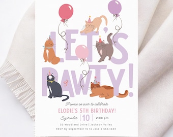 May include: Purple and white birthday party invitation with the text "Let's Pawty!" and illustrations of cats wearing party hats. The invitation includes the text "Pounce on over to celebrate Elodie's 5th Birthday!" with the date and time of the party.