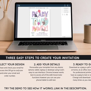 May include: A laptop displays a birthday invitation design with the text "READY TWO PAWTY!" and cartoon animals. The invitation is for a second birthday. The image also shows instructions for creating the invitation.