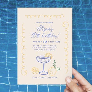 May include: A yellow and blue illustrated invitation for Alison's 30th birthday party. The invitation features a cocktail glass with lemons and a handwritten message that says "Join us to celebrate Alison's 30th birthday!"  The invitation also includes the date, time, location, and RSVP information.