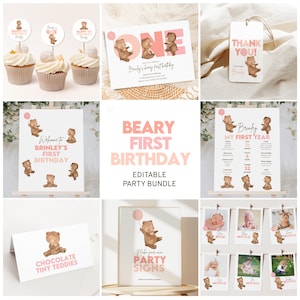 Bundel eerste verjaardag Beary verjaardagsuitnodiging, decor set meisje 1e verjaardag, teddybeer verjaardagsversieringen, welkomstbord, gunsttags B186