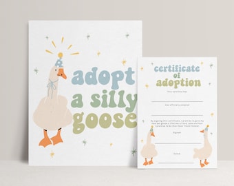 Juego de fiesta "Adopta un ganso tonto", cartel imprimible "Adopta un ganso", juegos para fiestas de cumpleaños de gansos, certificado de adopción de gansos, One Silly Goose B859