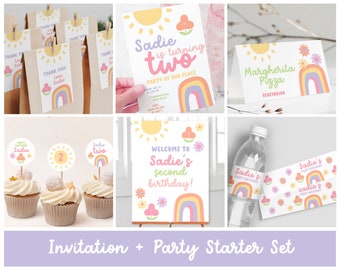 Summer 2nd Birthday Bundle Pastel Party Decorations and Invitation Rainbow Editable Template Sun Birthday Decor Set Printable 8361