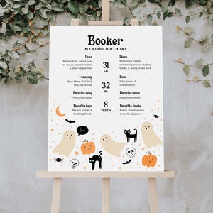 Modello di bacheca "Spooky One Milestone", poster per il primo compleanno di Halloween, bacheca minimalista "Chi sono io" con un fantasma per la festa del primo anno B141