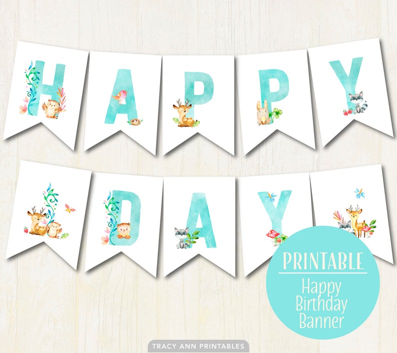 Woodland Birthday Decor Woodland Birthday Bunting Happy Birthday Banner Instant Download 1515blue 1st Birthday Banner