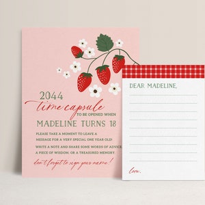 Modèle de capsule temporelle aux fraises, jeu 1er anniversaire de baies imprimable, décoration de premier anniversaire de fille, jeux de fête minimalistes de fraises B379