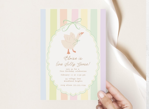 One Silly Goose Invitation, Pastel Rainbow Girl 1st Birthday Invite, Goose First Birthday Party Invitation Template, Goose Evite B985