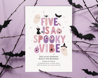 Spooky 5th Birthday Party Invitation, Five is a Spooky Vibe Printable Party Invite Template B436