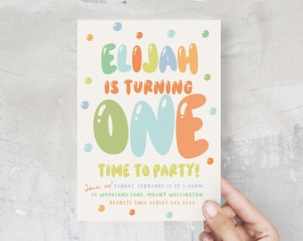 Boy 1st Birthday Invitation, Balloon First Birthday Party Invite B913