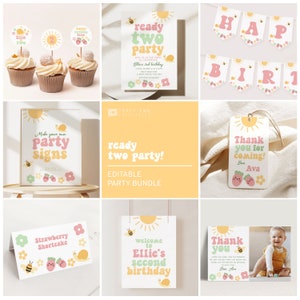 Ready Two Party 2nd Birthday Invitation & Party Decor, Pastel Summer 2nd Birthday Printable Bundle B138