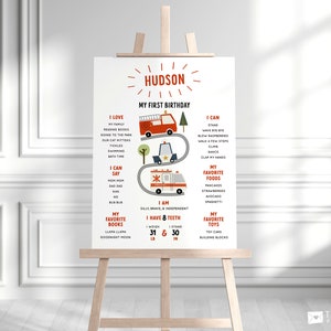 Modello di poster per pietre miliari dei veicoli di emergenza, bacheca modificabile per il primo compleanno di un bambino, bacheca "Chi sono io", ricordo del primo compleanno 8108