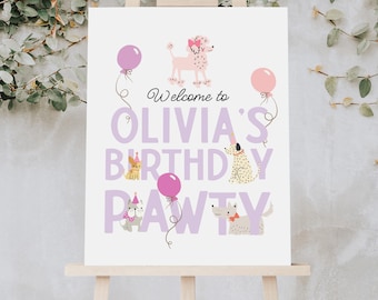 Puede incluir: Un cartel blanco con texto morado que dice "Bienvenido a la fiesta de cumpleaños de Olivia". El cartel está decorado con globos rosas y perros de dibujos animados.