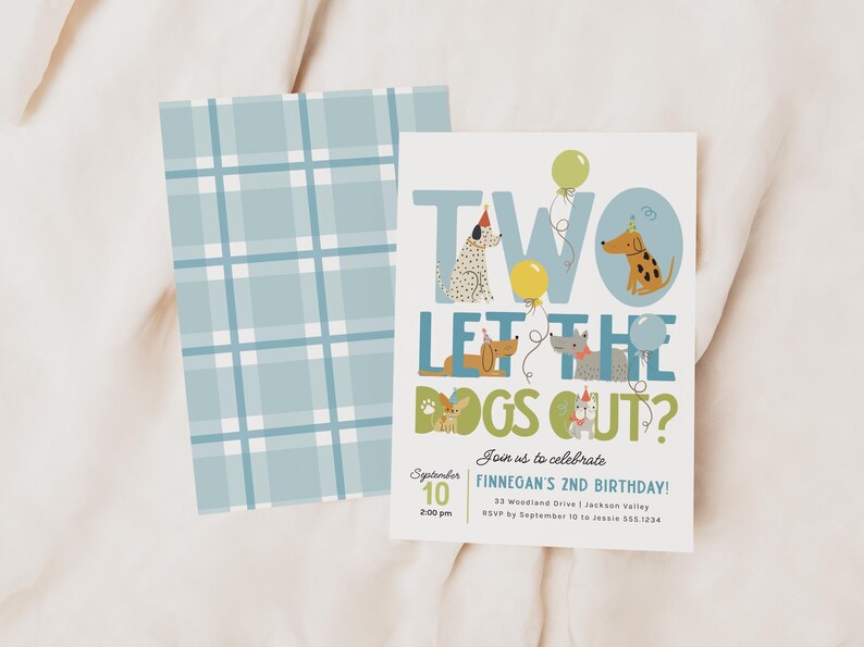 May include: A two-sided birthday invitation with a blue plaid pattern on the back. The front features the text "TWO LET THE DOGS OUT?" with illustrations of dogs and balloons. The invitation includes the date, time, and location.