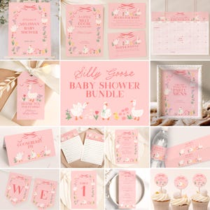 Goose Baby Shower Invitation Bundle, Silly Goose Girl Baby Shower Invite Set, Editable Spring Baby Shower Decor, Baby Shower Favors B848