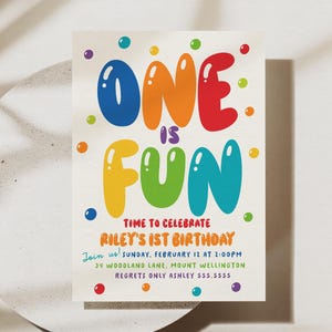 One is Fun Invitation, Colorful 1st Birthday Party Invitation Template, Printable Balloon 1st Birthday Invite, Polka Dot Party Evite B919