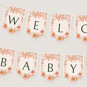 Pumpkin Baby Shower Banner Template, Printable Fall Welcome Baby Bunting Editable, Gender Neutral Baby Shower Decorations C075