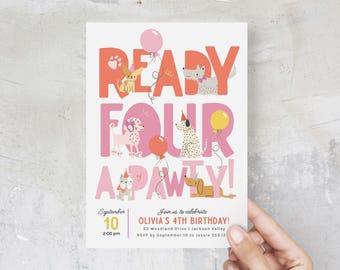Puppy 4th Birthday Invitation, Ready FOUR a Party Birthday Invitation, Girl Fourth Birthday Party Invite, Puppy Dog Birthday Evite B924
