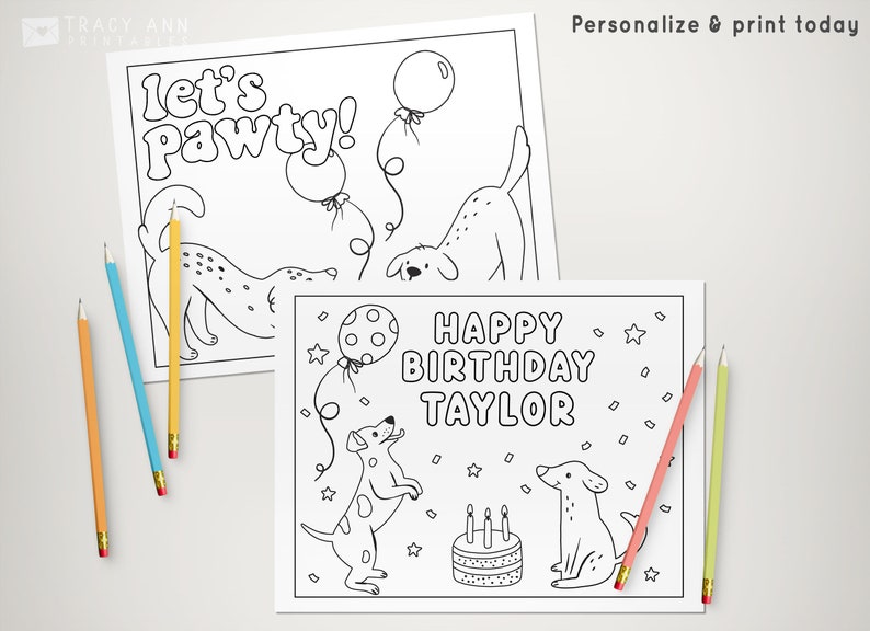 May include: Black and white printable coloring page featuring two dogs with the text "Let's Pawty!" and "Happy Birthday Taylor".