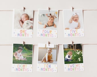 Girl First Birthday Photo Poster, Pastel Rainbow 1st Birthday Monthly Photos Bunting Template C214