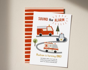 Emergency Vehicles Birthday Invitation Template, Boy 1st Birthday Party Invite, Printable Fire Truck Invitation Editable 8108
