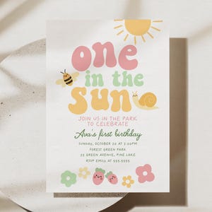 One in the Sun Invitation, Summer Birthday Invitation, Editable Template Park Party for Girl First Birthday, Pool Party 1st Birthday B138