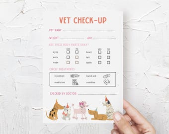 Puede incluir: Un formulario de control veterinario imprimible para mascotas. El formulario incluye secciones para el nombre de la mascota, el peso, la edad, el control de las partes del cuerpo y los tratamientos. El formulario está decorado con lindos perros de dibujos animados.