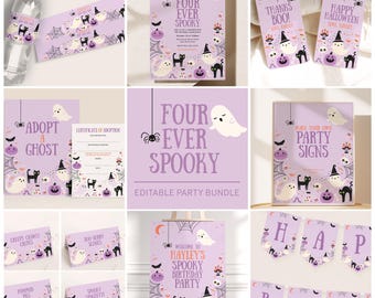 Four Ever Spooky Invitation Set, Purple Halloween Birthday Party Invitation Bundle B415