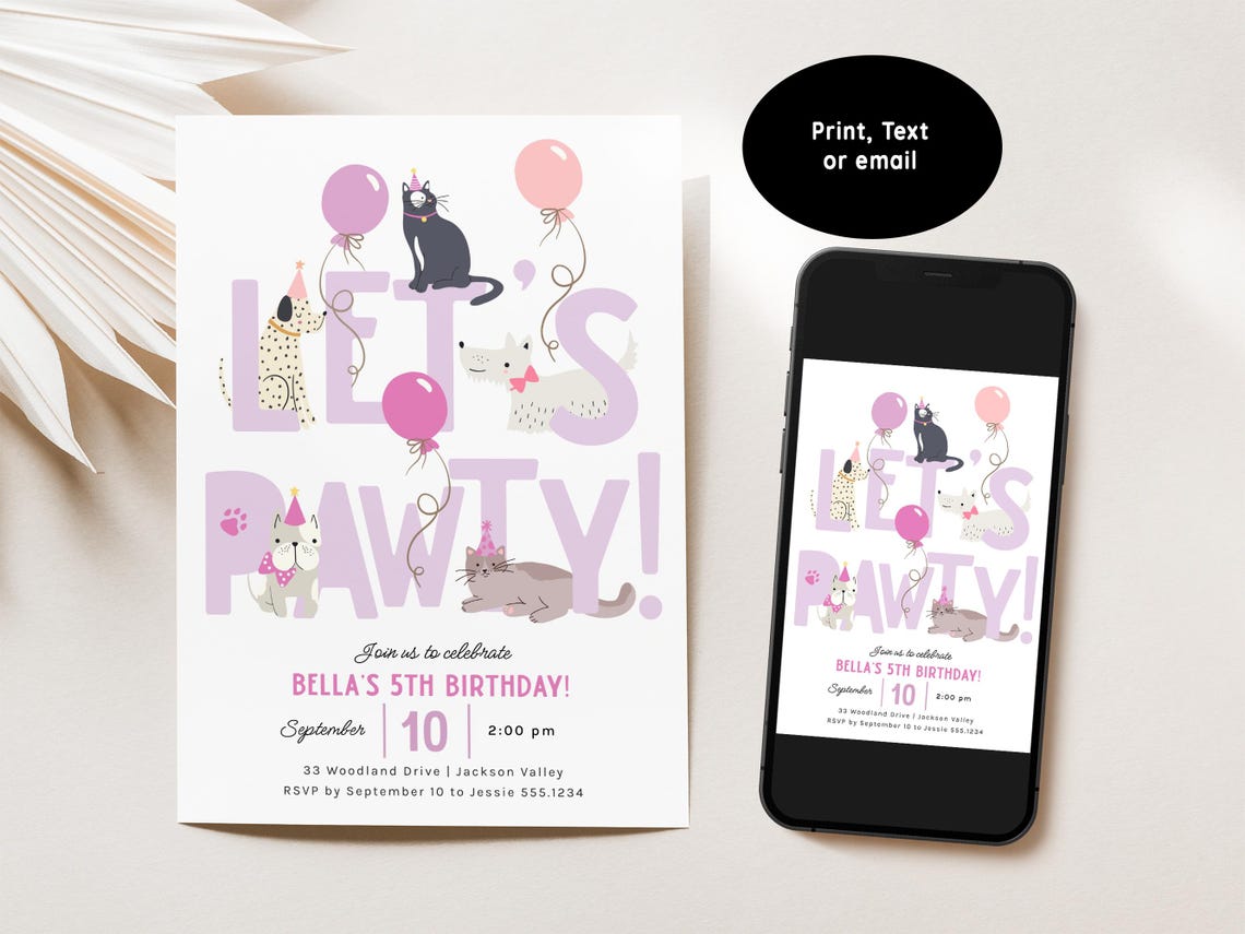 Cats and Dogs Birthday Invitation, Cat and Dog Girl Birthday Party ...