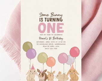 Bunny 1st Birthday Invitation, Some Bunny is One Birthday Invitation, Girl 1st Birthday Party Invite, Editable Easter Birthday Evite B947