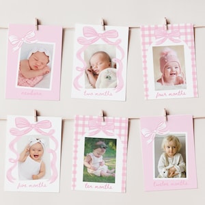 Pink Bow 1st Birthday Photo Banner, Girl 1st Birthday Milestone Photo Bunting, Printable Monthly Photos Milestone Banner Template B908