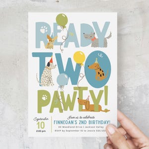 Welpe 2. Geburtstagseinladung, bereit für zwei Partyeinladung Vorlage, Junge 2. Geburtstagsfeier Evite bearbeitbar, Pawty einladen B925