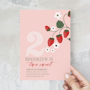 Convite de 2º aniversário de morango para menina, modelo de convite de aniversário de primavera rosa para menina, convite para festa de morango rosa para impressão, Evite B379