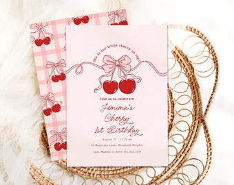 Cherry First Birthday Invitation, Cherry on Top 1st Birthday Party Invite B902