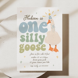 One Silly Goose Birthday Invitation, Blue Goose Boy 1st Birthday Invitation B859