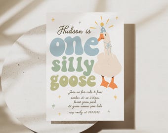One Silly Goose Birthday Invitation, Boy 1st Birthday Invitation, Blue Goose 1st Birthday Invitation, Trendy First Birthday Evite B859