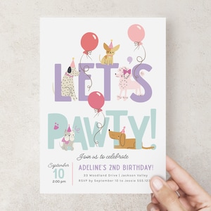 May include: A party invitation with the text "LET'S PAWTY!" and illustrations of dogs wearing party hats and holding balloons. The invitation includes the date, time, and location for Adeline's 2nd birthday.
