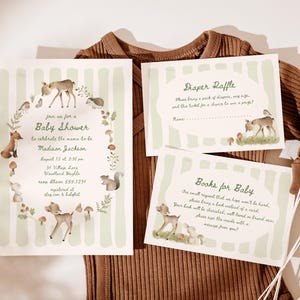 Woodland babyshower uitnodigingssuite, aquarel babyshower uitnodiging, boeken voor babykaart, luierloterijticket invoegen C072