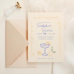 Summer Soiree Invitation, Hand Drawn Drinks Party Invite, Editable Evening Party Evite Template, Summery Party Invitation B767